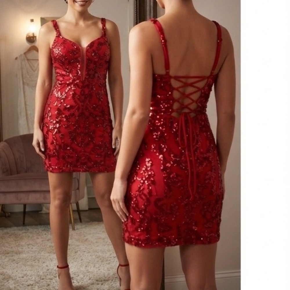 Pomuyoo Red Sequin Lace Up Back Mini Dress Party Cocktail Formal Gown 5y